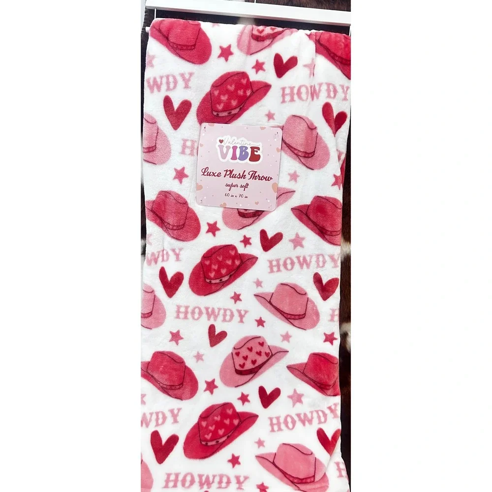 Valentine Vibe Luxe Plush Throw Blanket Pink Red Cowboy Hat Howdy Western‎ 60x70